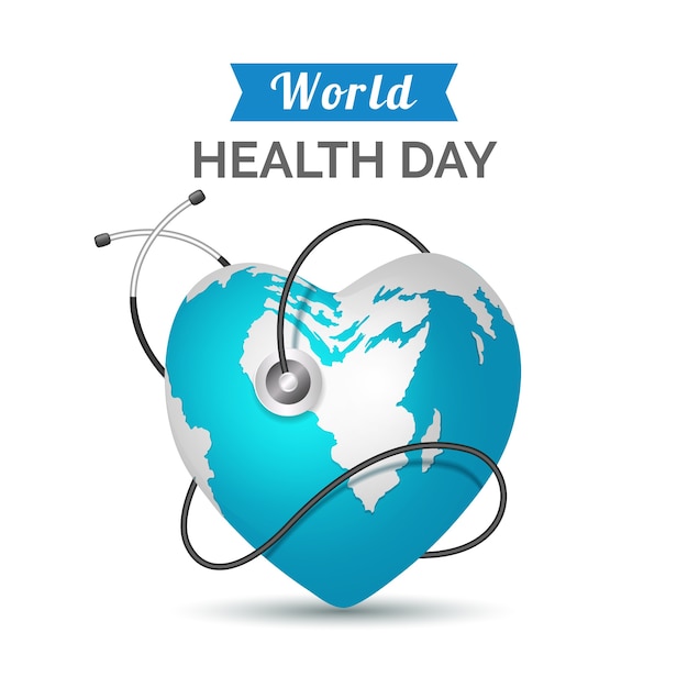 Realistic world health day with heart-shaped planet and stethoscope