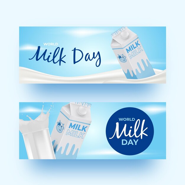 Realistic world milk day banners set