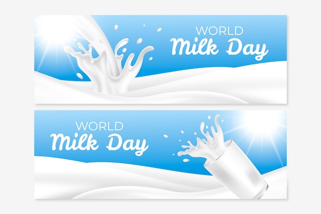 Realistic world milk day banners set