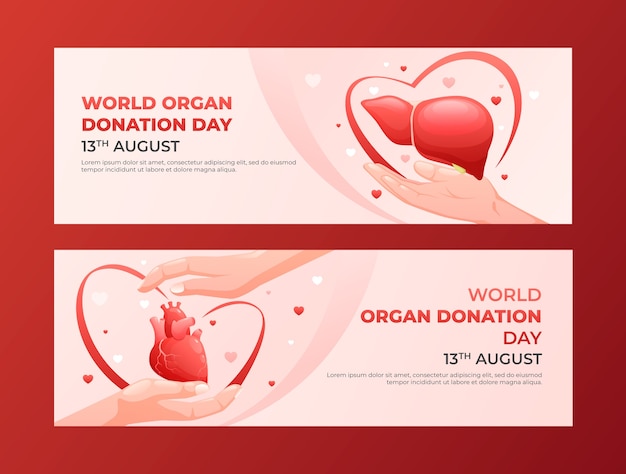 Realistic world organ donation day horizontal banners set with hands holding liver and heart