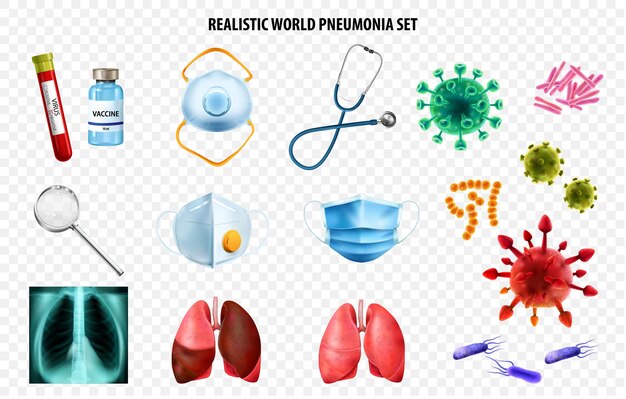 Realistic world pneumonia day transparent icon set with respirator bacteria xray stethoscope mask lungs vector illustration