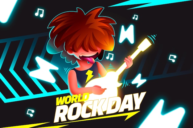 Realistic world rock day background with musician playing guitar