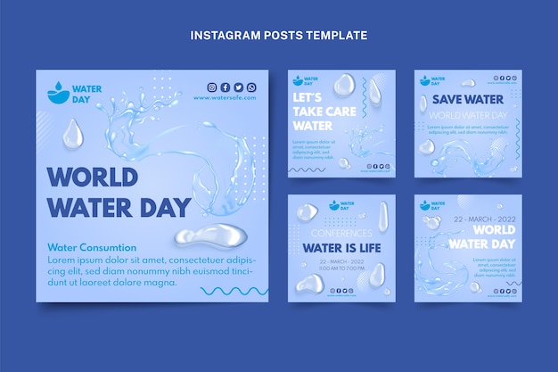 Collezione di post di instagram per la giornata mondiale dell'acqua realistica