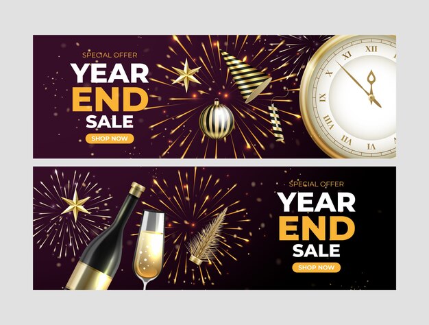 Realistic year end sale banners set