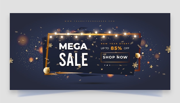 Realistic year end sale horizontal banner template