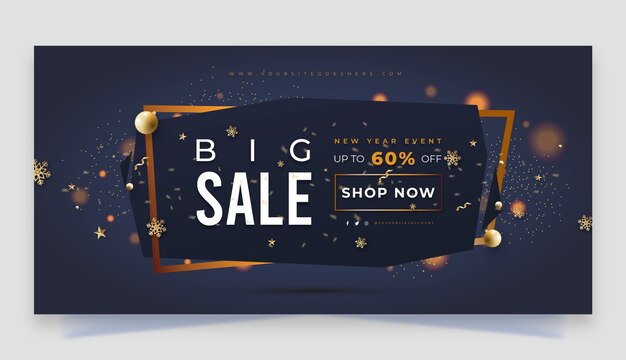 Realistic year end sale horizontal banner template