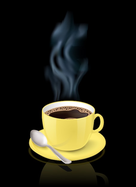 Free vector realistic yellow cup filled with black classic espresso on black background
