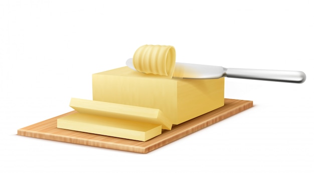 금속 칼으로 커팅 보드에 버터의 현실적인 노란색 스틱