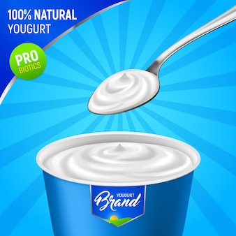 Realistic yogurt advertising with branded plastic cup of natural yoghurt with spoon and editable text vector illustration