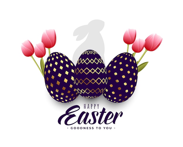 Free vector reallistic easter card with golden eggs and tulip flowers