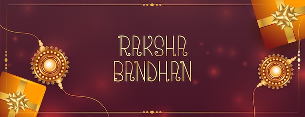 Realstic raksha bandhan festival banner with gift boxes and rakhi