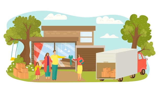 Realtor sell house, family buy apartment, vector illustration. woman agent give key flat mother, father, daughter character near real estate home. truck with boxes stand near new house.