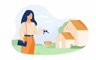 Free vector realty agent holding keys and standing near building isolated flat vector illustration. cartoon woman and house for sale.