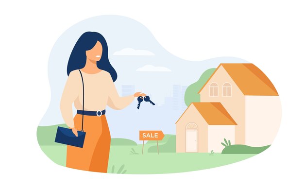 Realty agent holding keys and standing near building isolated flat vector illustration. Cartoon woman and house for sale.