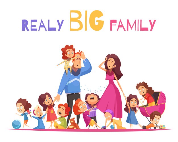 Realy big family vector illustration with happy and crying nimble kids and sad parents cartoon characters