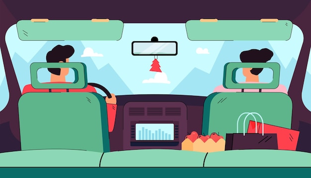 Rear view from backseat of driver and passenger in car isolated flat illustration.