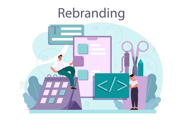 Rebranding concept Rebuilding marketing strategy and design of a company or product Brand recognition development as a part of business plan Isolated flat vector illustration