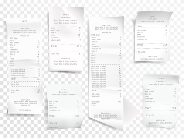 Vettore gratuito illustrazione delle ricevute di fatture cartacee di pagamento realistiche per contanti o transazioni con carta di credito