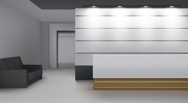 Интерьер приемной с лифтом, современная фойе со столом, освещением, диваном и дверью лифта.