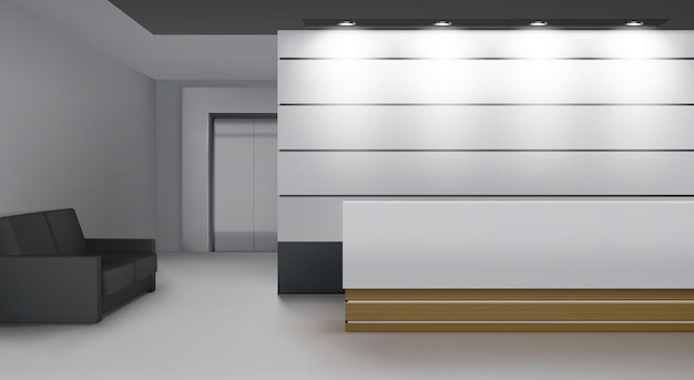 Reception interior with lift, modern foyer room with desk, illumination, couch and elevator door