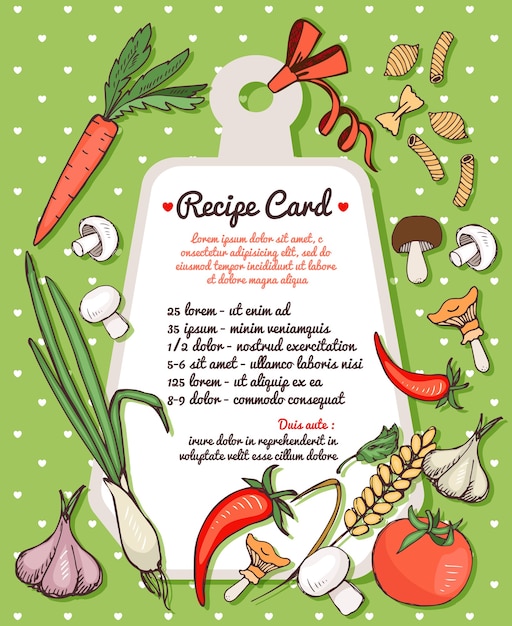 신선한 야채 버섯과 모듬 말린 이탈리아 파스타와 향신료로 둘러싸인 텍스트 공간이있는 레시피 카드 템플릿