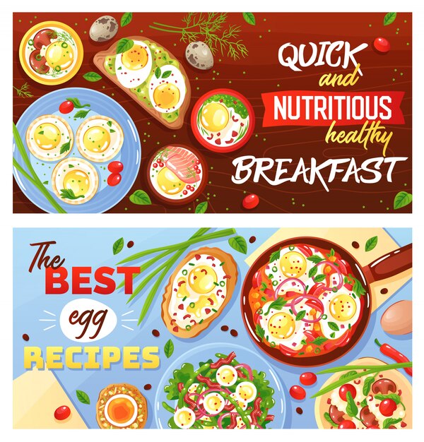 水平フラットバナーの卵料理の迅速かつ健康的な朝食セットのレシピ