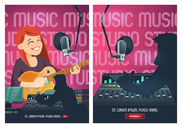 Free vector recording studio cartoon poster with singer