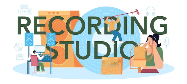 Free vector recording studio typographic header music production industry sound recording with a electronic equipment soundtrack or audio media creator vector flat illustration
