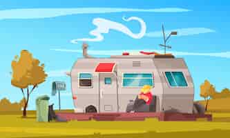 Free vector recreational vehicle trailer summer vacation cartoon composition with man enjoying nature sitting outside mobile home illustration