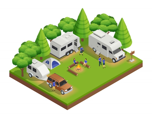 Free vector recreational vehicles isometric composition with trailer people and forest