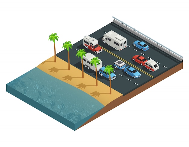 Recreational vehicles on road isometric composition with trailer people and forest