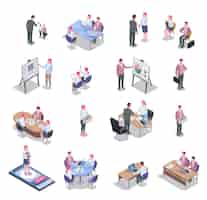 Free vector recruiting isometric icons set with job candidates communicating with recruiters isolated on white background 3d vector illustration