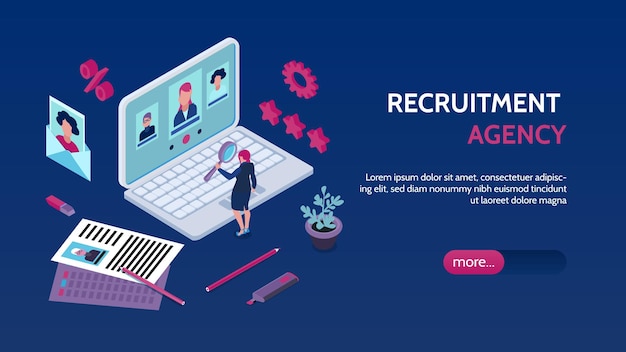 Free vector recruitment employment agency isometric landing page banner