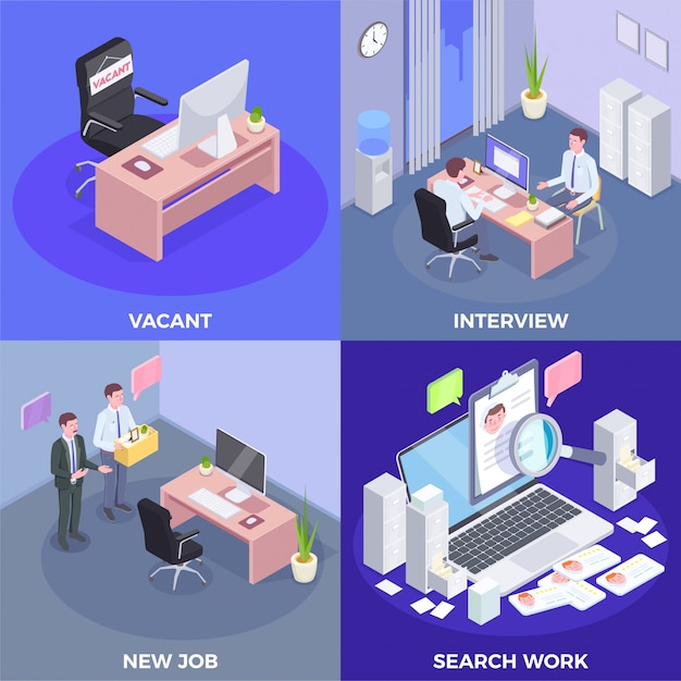 Recruitment isometric design concept with indoor views of job interview procedures conceptual pictogram icons and text  illustration