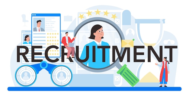 Recruitment typographic header idea of human resources specialist and job management hr manager interviewing a job candidate flat vector illustration