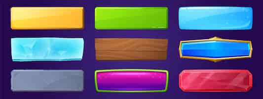無料ベクター uiゲームデザイン用の金色、木製、水のテクスチャを備えた長方形のボタン。背景に分離された氷、石、赤い結晶、紫のゼリーから光沢のあるラベルのベクトル漫画セット