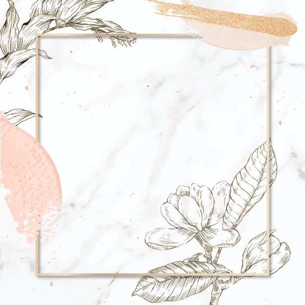 Free vector rectangle frame with brush strokes and outline flowers decoration on marble background