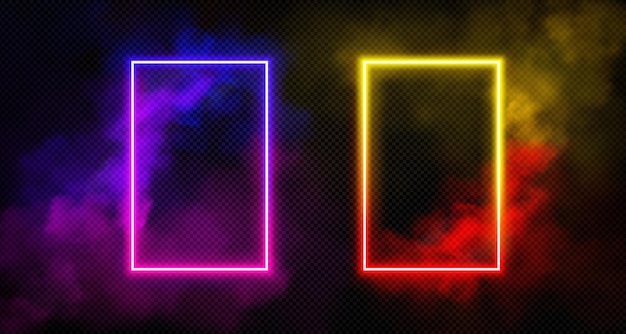 Free vector rectangle neon luminous frame with smoke clouds