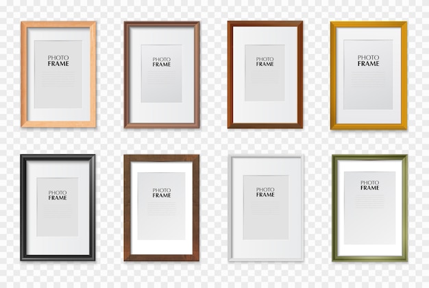 Rectangular a4 paper size picture frames various colors wooden plastic metal realistic set Premium Vector