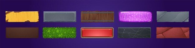 rectangular buttons with wooden stone metal and black marble textures for ui game design vector cartoon set of buttons from rusty iron grass and purple jelly isolated on background