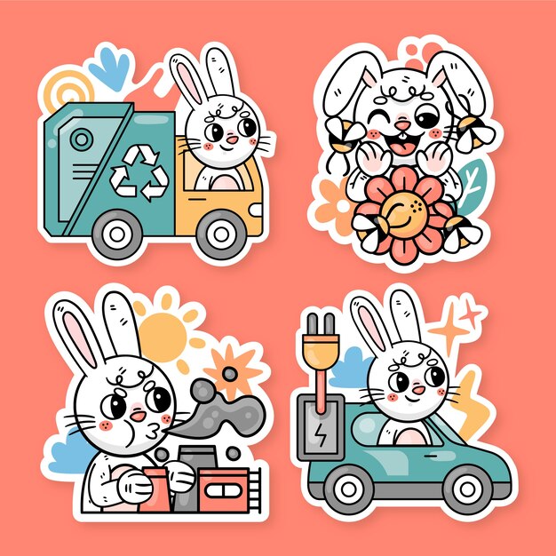 Free vector recycle rabbit illustration  sticker set