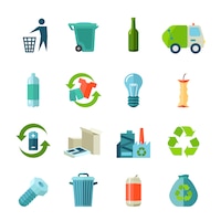 Recycling icons set with waste types and collection flat