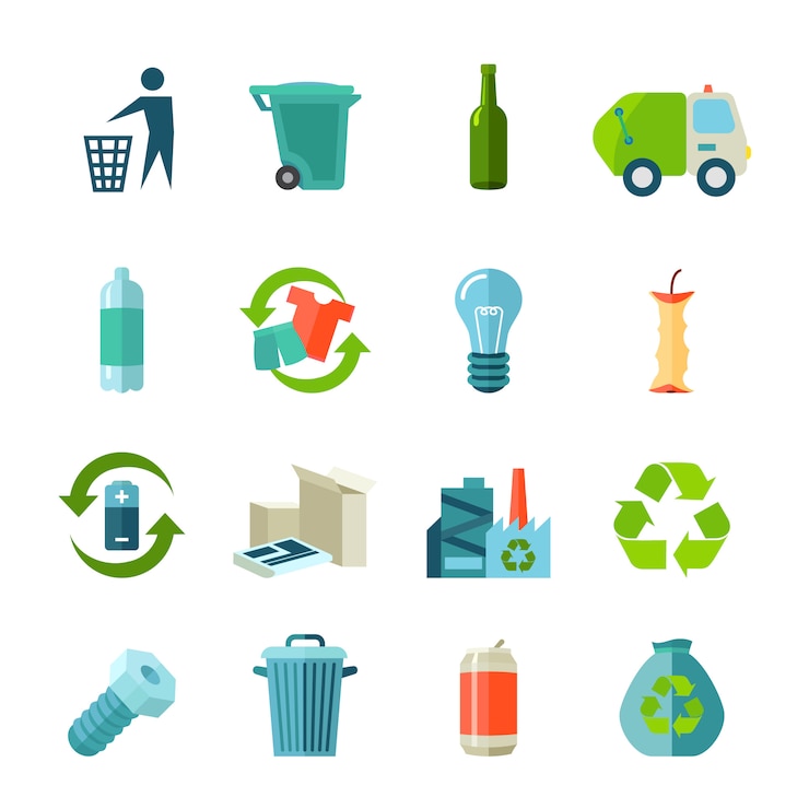 Free Vector recycling icons set with waste types and collection flat 