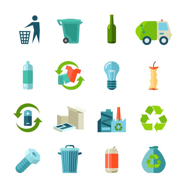 Recycling icons set with waste types and collection flat 