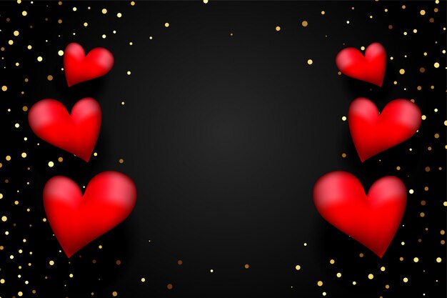 Red 3d hearts with golden confetti on black background 