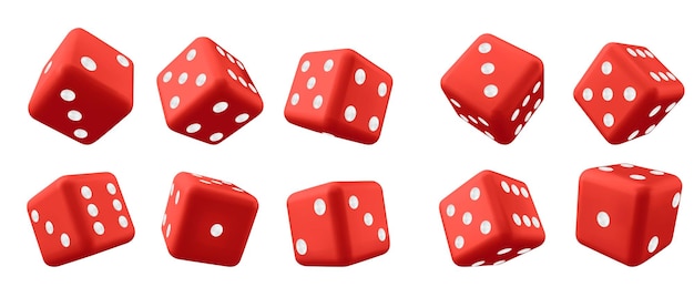 Vettore gratuito rosso 3d giocare casinò gioco cubo dadi vettore isolato su sfondo bianco due cinque sei punti numero rotolare su fortuna realistica gioco d'azzardo quadrato illustrazione set lancia fortunato clipart sport per scommessa in app