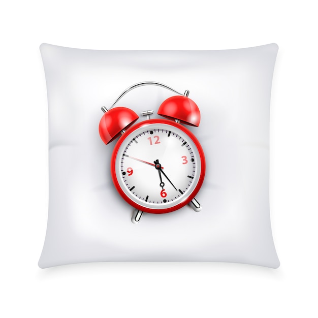 Vettore gratuito sveglia rossa con due campane nel retro stile sull'illustrazione realistica di concetto di progetto del cuscino bianco