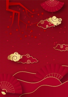 Красный и золотой счастливый китайский новый год фестиваль баннер фон дизайн. китайский красный и золотой фон с фонарем, цветком, деревом, символом и узором. красный и золотой бумажный китайский шаблон