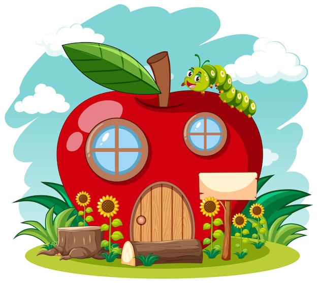 Red apple house and cute worm in the garden cartoon style on sky background