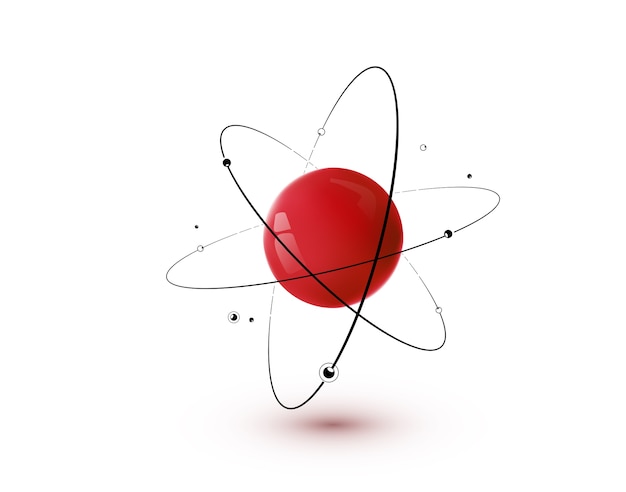 Бесплатное векторное изображение Красный атом с ядром, орбитами и изолированными электронами. концепция технологии 3d ядерной химии.